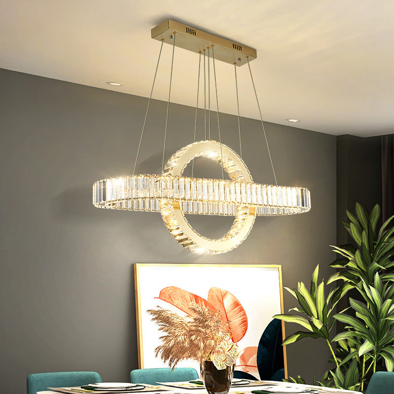 Moderno lujo de acero inoxidable cristal óvalo círculo LED candelabro para comedor y sala de estar 