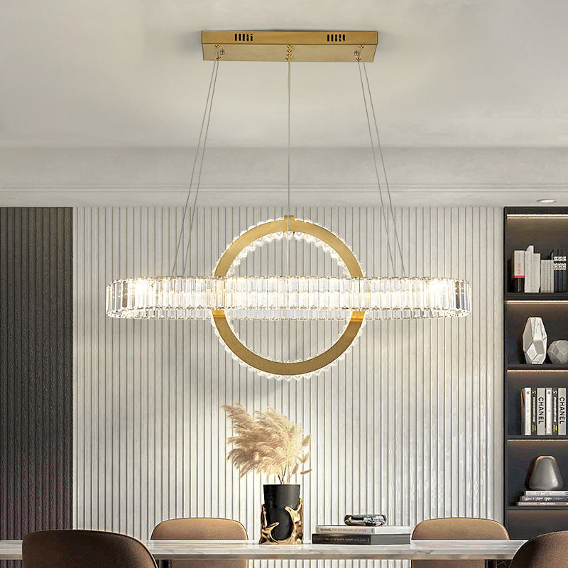Moderno lujo de acero inoxidable cristal óvalo círculo LED candelabro para comedor y sala de estar 