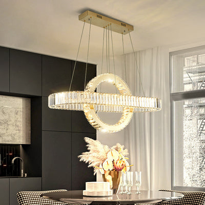 Moderno lujo de acero inoxidable cristal óvalo círculo LED candelabro para comedor y sala de estar 