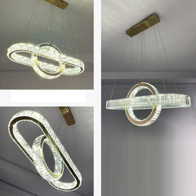 Moderno lujo de acero inoxidable cristal óvalo círculo LED candelabro para comedor y sala de estar 