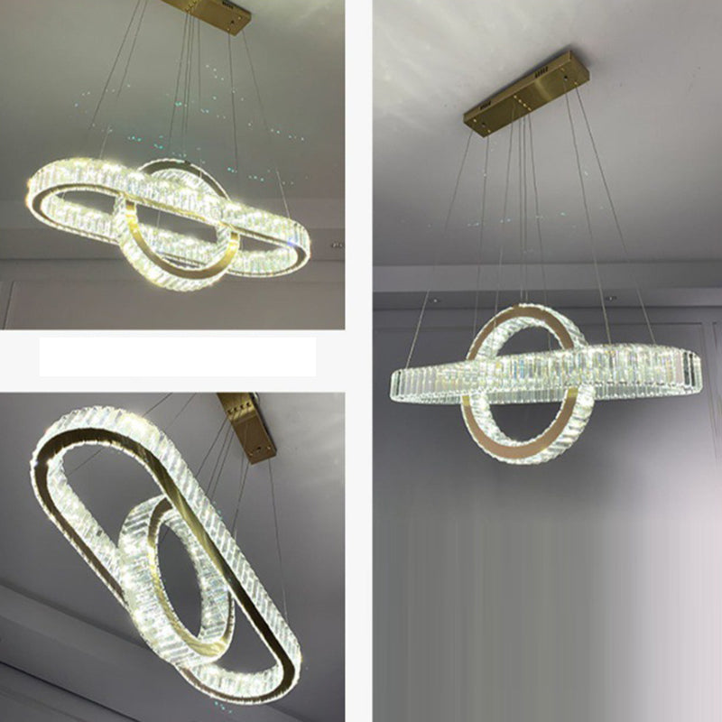 Moderno lujo de acero inoxidable cristal óvalo círculo LED candelabro para comedor y sala de estar 