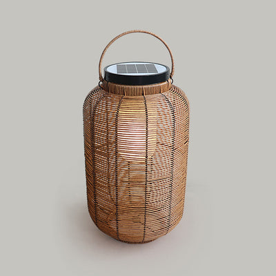 Traditionelle japanische Solar-Wasserdichte Weben PE Rattan Acryl Eisen Zylindrische Laterne LED Landschaftsbeleuchtung für Garten & Außenbereich Patio 