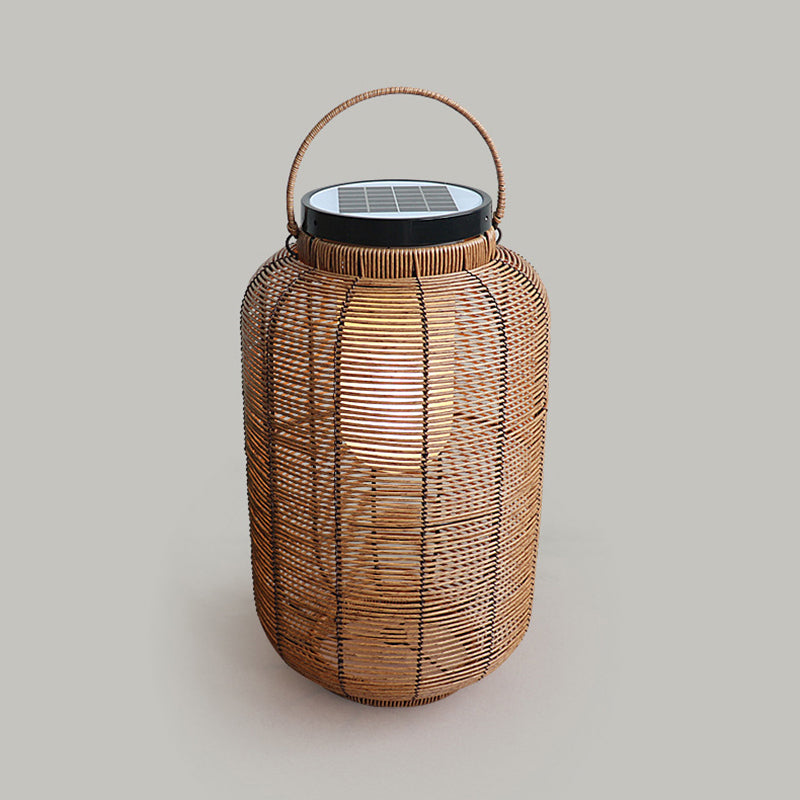 Traditionelle japanische Solar-Wasserdichte Weben PE Rattan Acryl Eisen Zylindrische Laterne LED Landschaftsbeleuchtung für Garten & Außenbereich Patio 