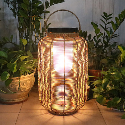 Traditionelle japanische Solar-Wasserdichte Weben PE Rattan Acryl Eisen Zylindrische Laterne LED Landschaftsbeleuchtung für Garten & Außenbereich Patio 