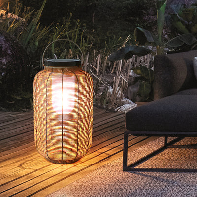 Traditionelle japanische Solar-Wasserdichte Weben PE Rattan Acryl Eisen Zylindrische Laterne LED Landschaftsbeleuchtung für Garten & Außenbereich Patio 