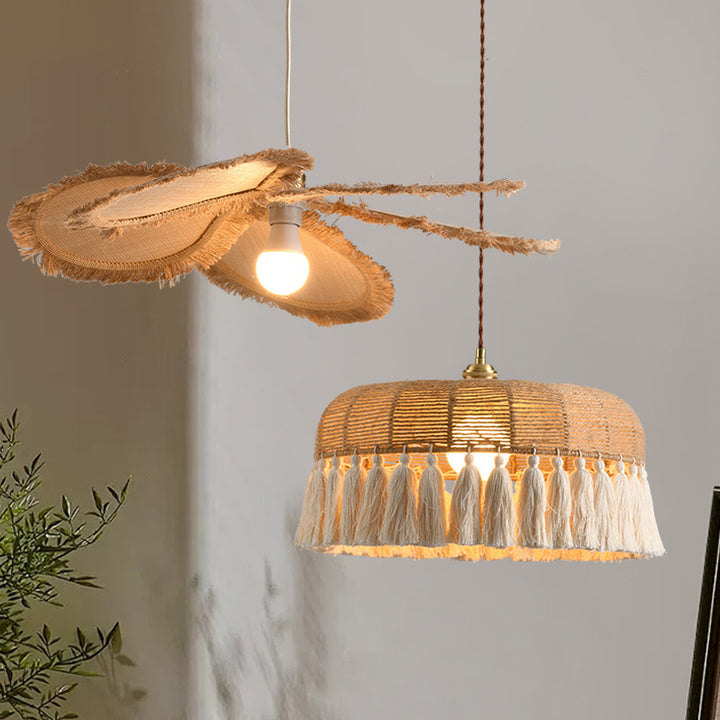 Suspension lumineuse contemporaine en raphia tissé bohème pétale 1 lumière pour salle à manger et chambre 
