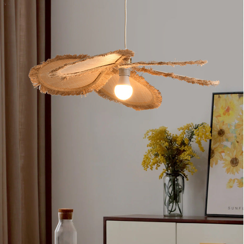 Contemporary Boho Weaving Raffia Petal 1-Light Pendant Light For Dining Room & Bedroom