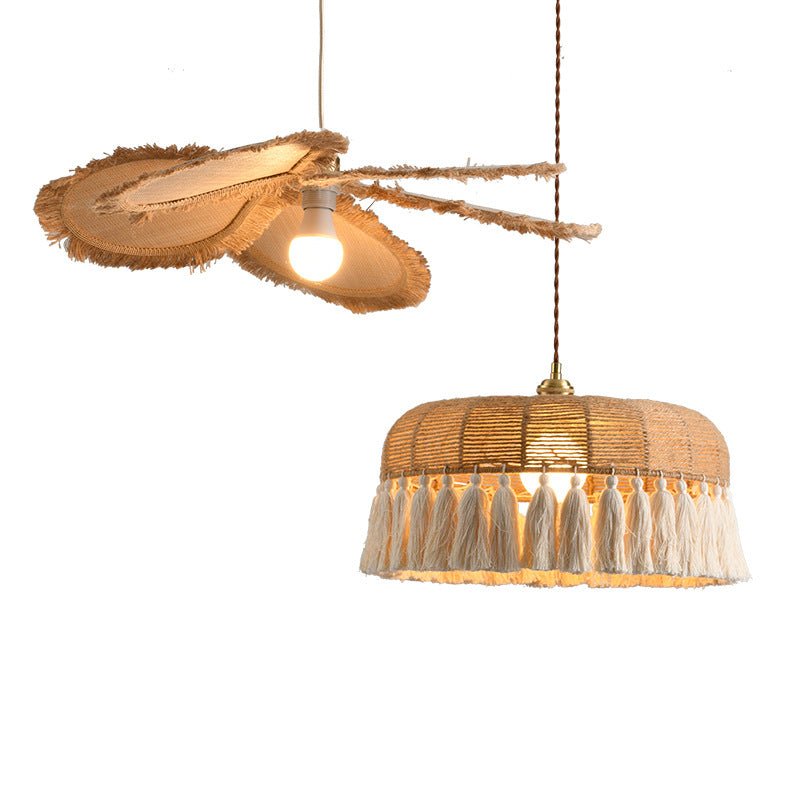 Suspension lumineuse contemporaine en raphia tissé bohème pétale 1 lumière pour salle à manger et chambre 