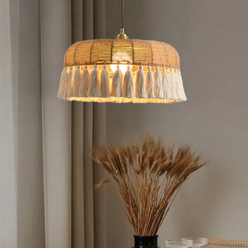 Zeitgenössische Boho-Webseil Baumwollfaden Kuppel Quaste 1-Licht Pendelleuchte für Esszimmer 