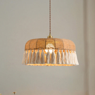 Zeitgenössische Boho-Webseil Baumwollfaden Kuppel Quaste 1-Licht Pendelleuchte für Esszimmer 