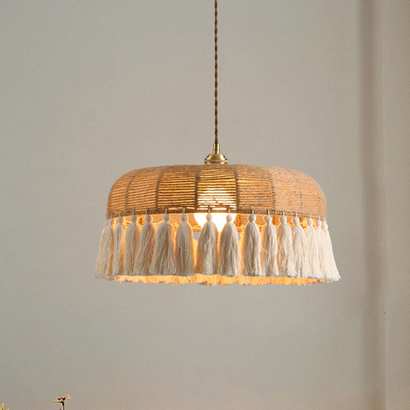Zeitgenössische Boho-Webseil Baumwollfaden Kuppel Quaste 1-Licht Pendelleuchte für Esszimmer 