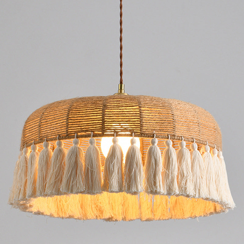 Zeitgenössische Boho-Webseil Baumwollfaden Kuppel Quaste 1-Licht Pendelleuchte für Esszimmer 