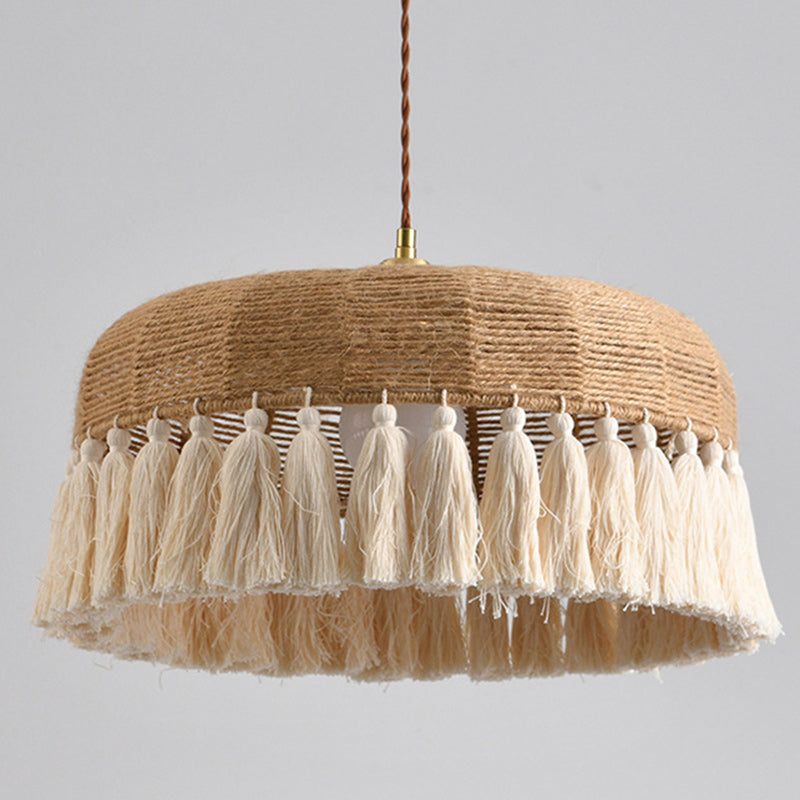 Zeitgenössische Boho-Webseil Baumwollfaden Kuppel Quaste 1-Licht Pendelleuchte für Esszimmer 