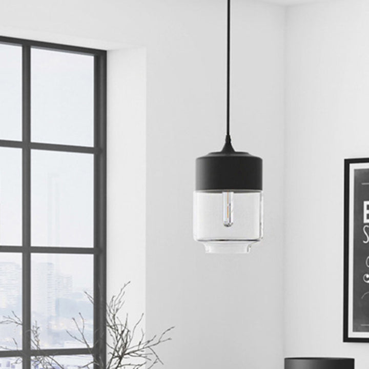 Lámpara colgante contemporánea de cilindro de barril de hierro y vidrio industrial con un globo de 1 luz para comedor 