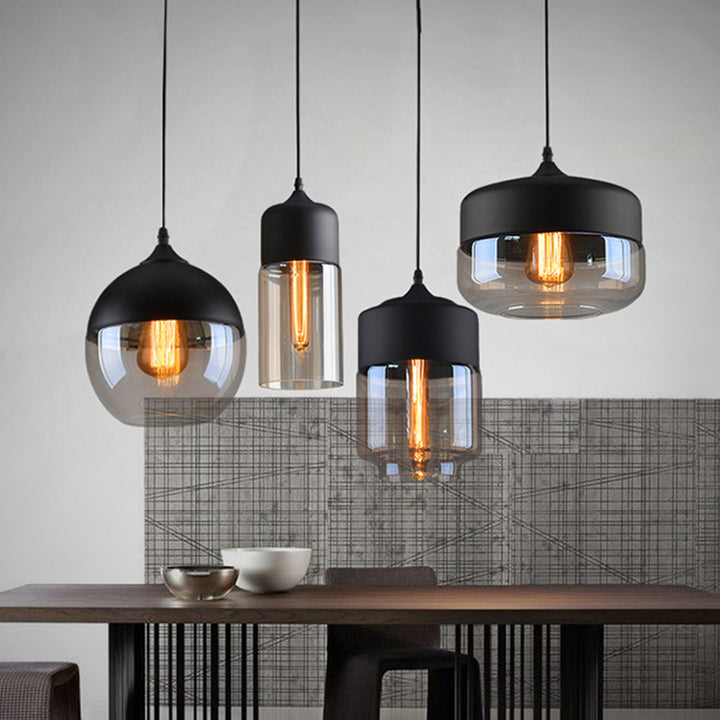 Lámpara colgante contemporánea de cilindro de barril de hierro y vidrio industrial con un globo de 1 luz para comedor 