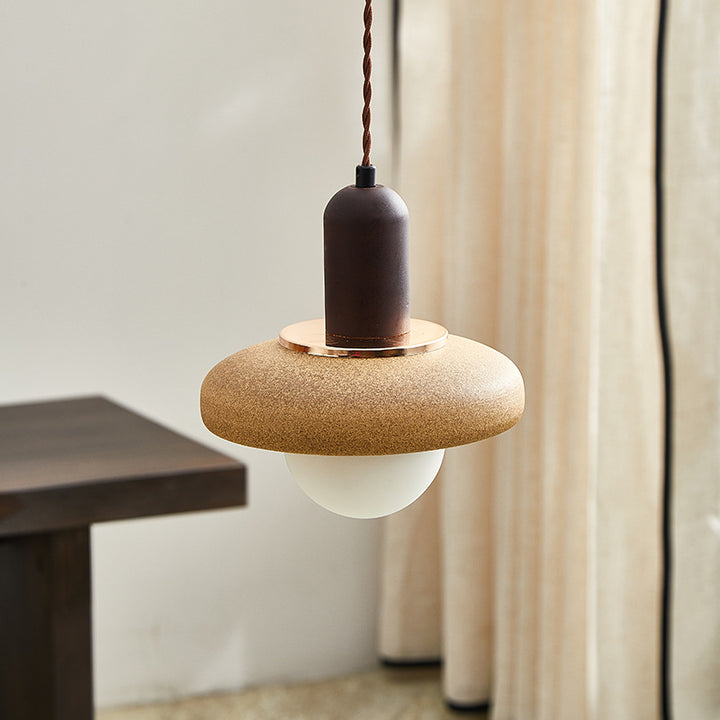 Traditional Japanese Ceramic &amp; Wood Bowl Disc 1-Light Pendant Light For Bedside &amp; Dining Room