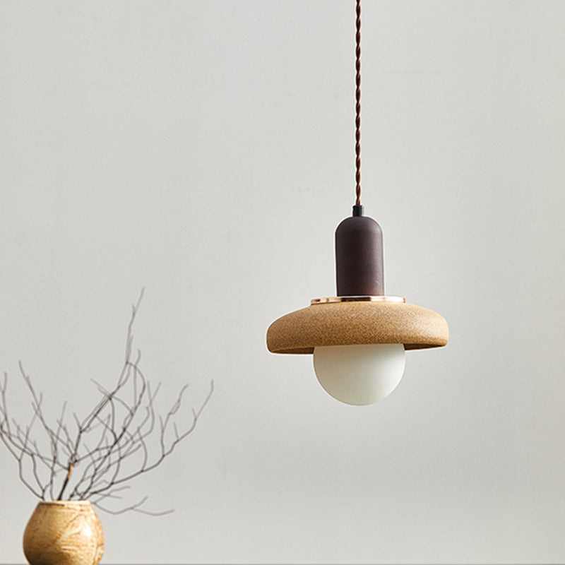 Traditional Japanese Ceramic &amp; Wood Bowl Disc 1-Light Pendant Light For Bedside &amp; Dining Room