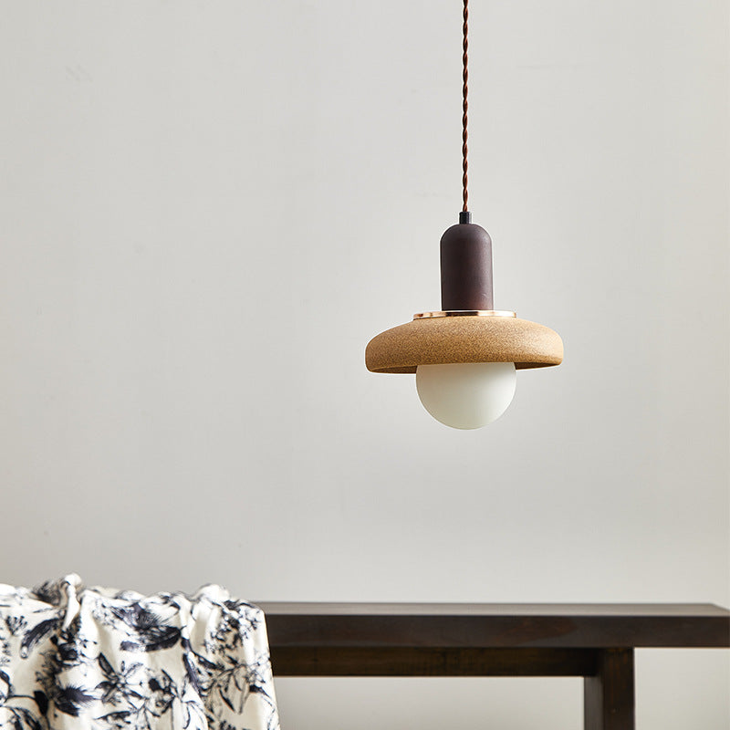 Traditional Japanese Ceramic &amp; Wood Bowl Disc 1-Light Pendant Light For Bedside &amp; Dining Room