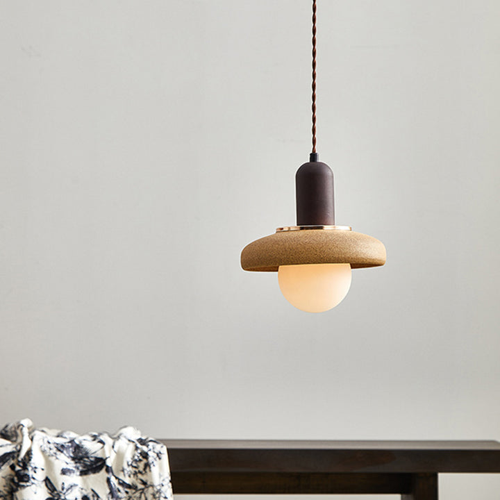 Traditional Japanese Ceramic & Wood Bowl Disc 1-Light Pendant Light For Bedside & Dining Room
