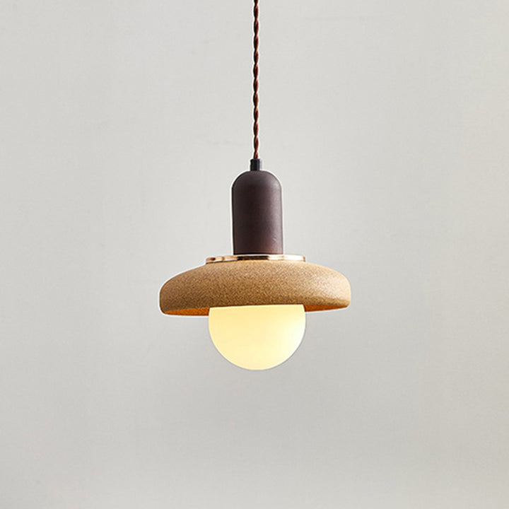 Traditional Japanese Ceramic &amp; Wood Bowl Disc 1-Light Pendant Light For Bedside &amp; Dining Room