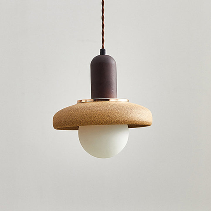Traditional Japanese Ceramic &amp; Wood Bowl Disc 1-Light Pendant Light For Bedside &amp; Dining Room