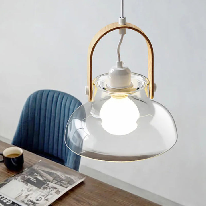 Contemporary Nordic Glass Wood Iron Round Bowl-Shaped 1-Light Pendant Light For Dining Room
