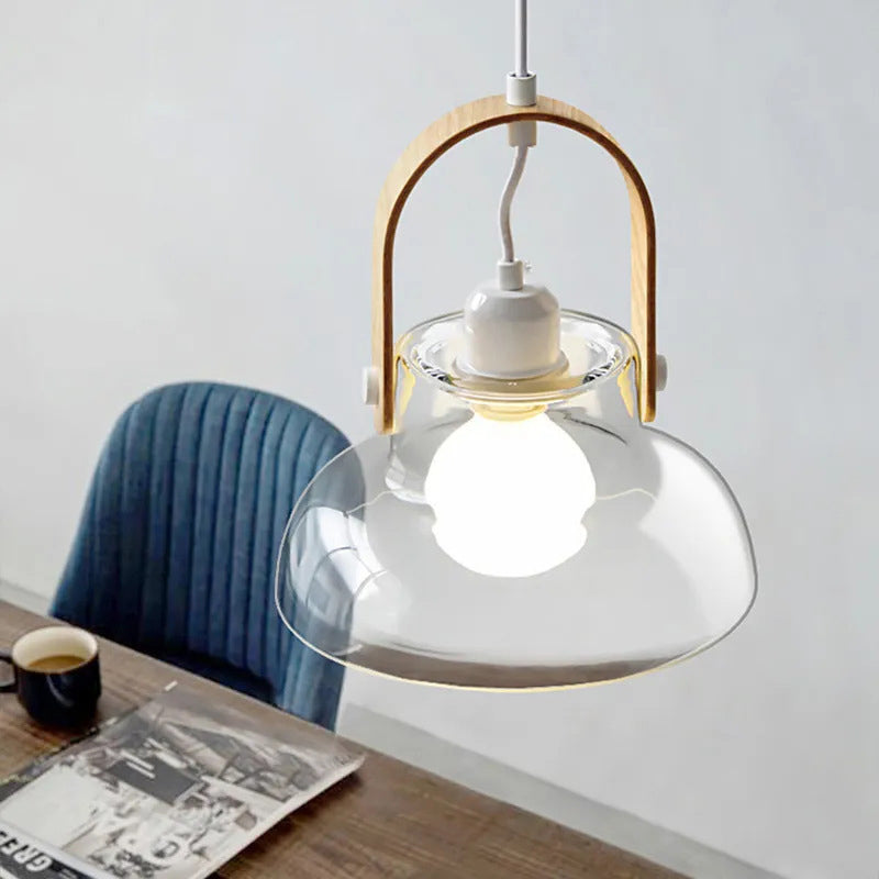 Lustre suspendu en forme de bol rond en verre, bois et fer nordique contemporain à 1 lumière pour salle à manger 
