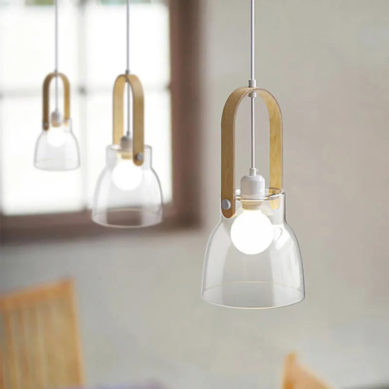 Lustre suspendu en forme de bol rond en verre, bois et fer nordique contemporain à 1 lumière pour salle à manger 