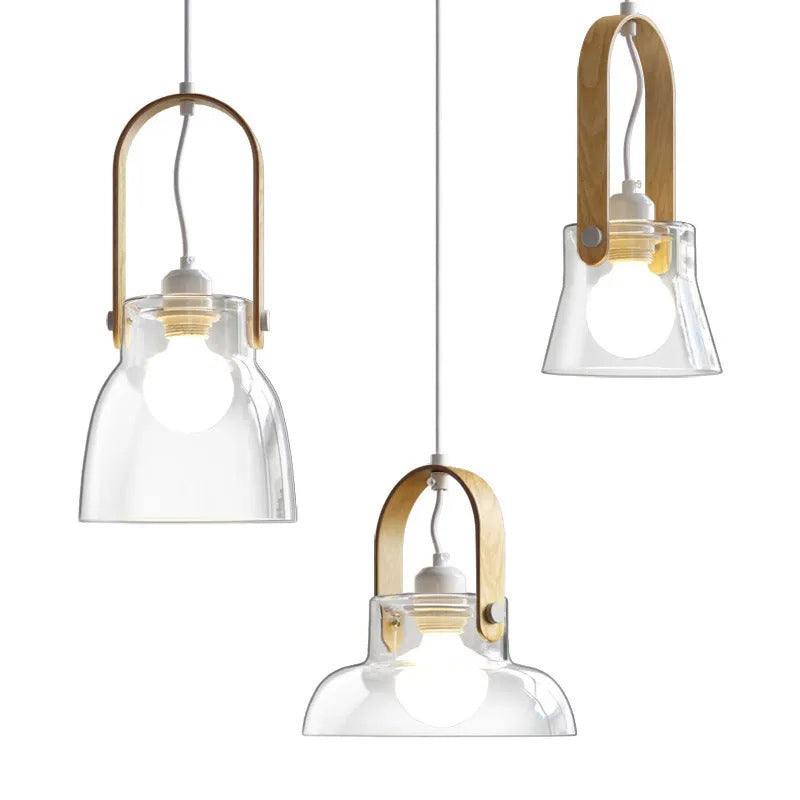 Lustre suspendu en forme de bol rond en verre, bois et fer nordique contemporain à 1 lumière pour salle à manger 