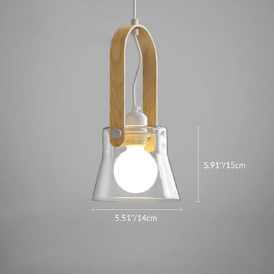 Lustre suspendu en forme de bol rond en verre, bois et fer nordique contemporain à 1 lumière pour salle à manger 