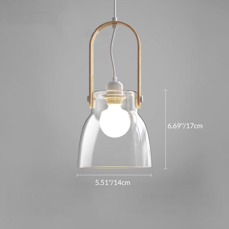 Lustre suspendu en forme de bol rond en verre, bois et fer nordique contemporain à 1 lumière pour salle à manger 