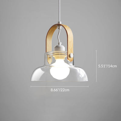 Lustre suspendu en forme de bol rond en verre, bois et fer nordique contemporain à 1 lumière pour salle à manger 