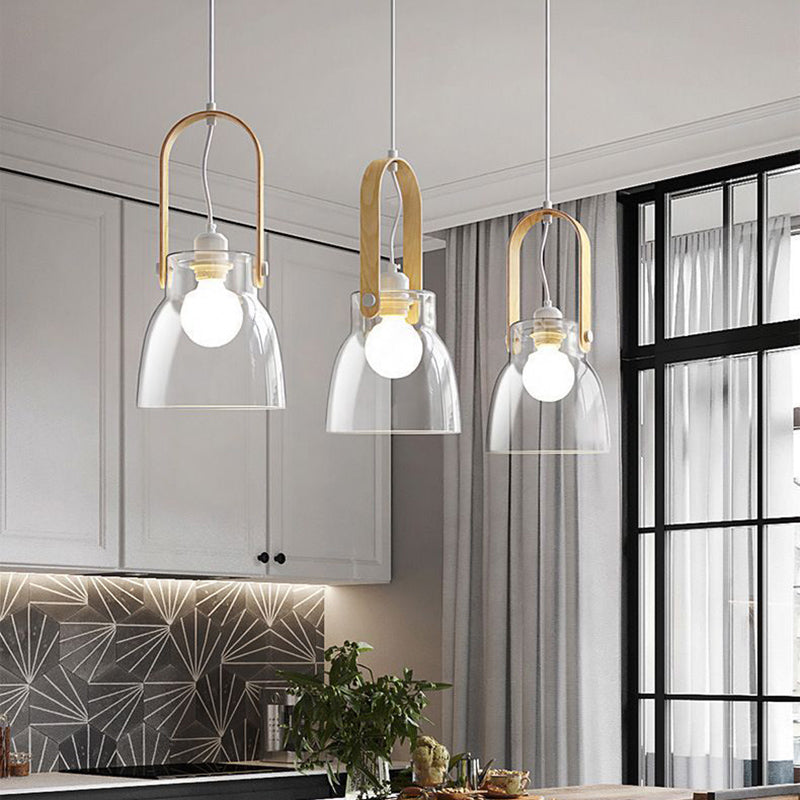 Lustre suspendu en forme de bol rond en verre, bois et fer nordique contemporain à 1 lumière pour salle à manger 