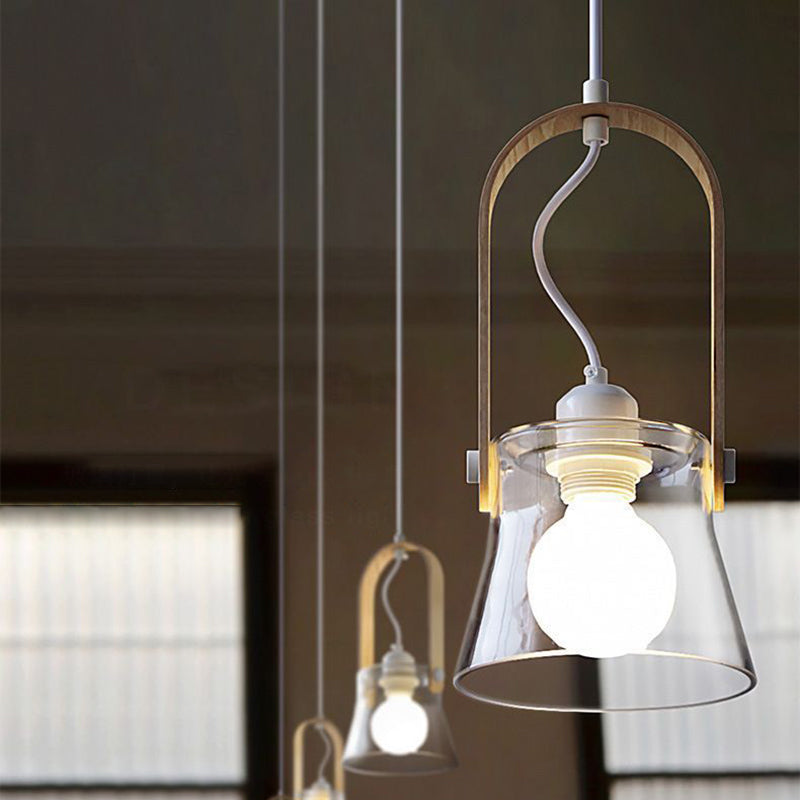 Lustre suspendu en forme de bol rond en verre, bois et fer nordique contemporain à 1 lumière pour salle à manger 