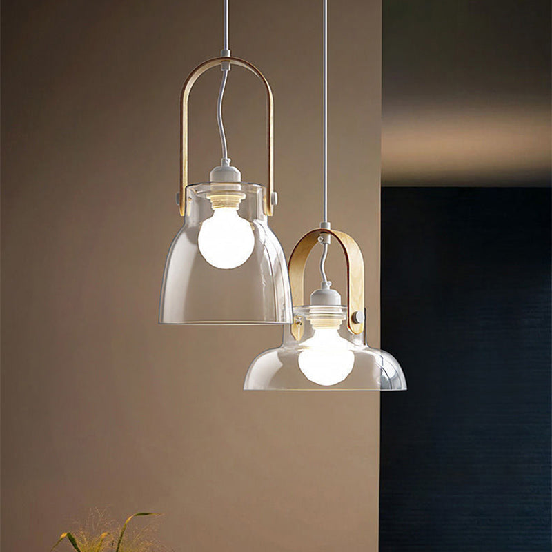 Lustre suspendu en forme de bol rond en verre, bois et fer nordique contemporain à 1 lumière pour salle à manger 