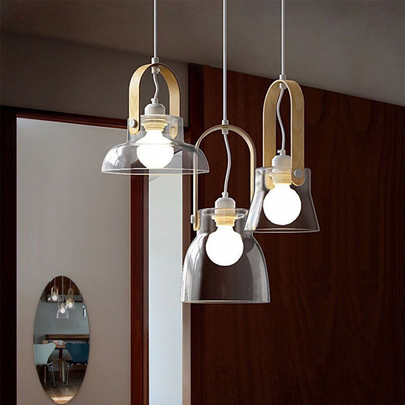 Contemporary Nordic Glass Wood Iron Round Bowl-Shaped 1-Light Pendant Light For Dining Room