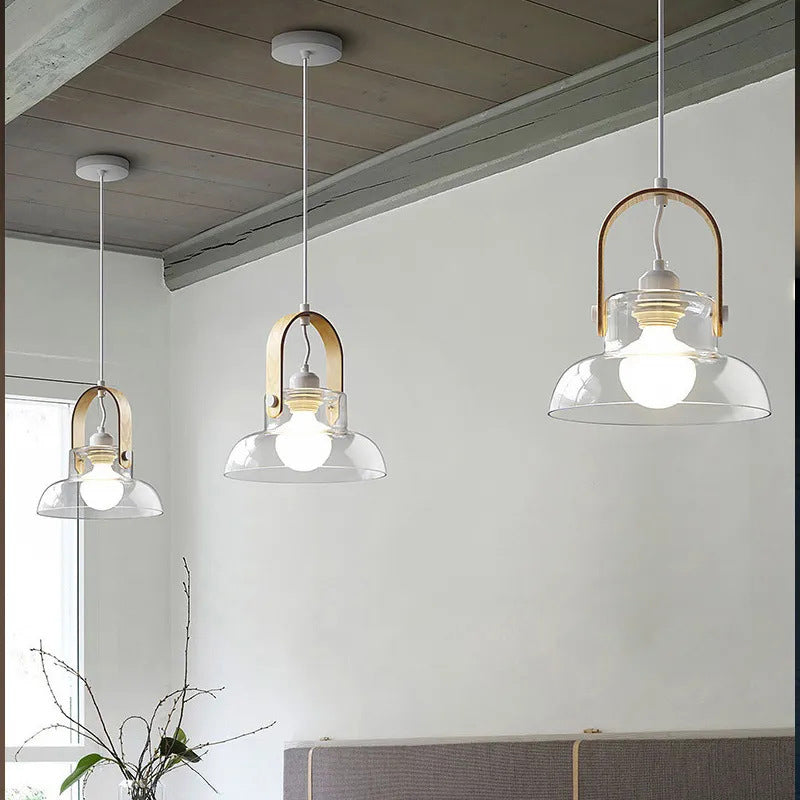 Lustre suspendu en forme de bol rond en verre, bois et fer nordique contemporain à 1 lumière pour salle à manger 