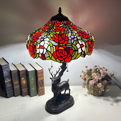 Traditionelle Tiffany-Glas-Eisenkuppel-Hirschfuß-Rosenblume 2-Licht-Tischlampe für Schlafzimmer 