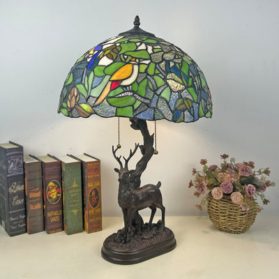 Traditionelle Tiffany-Glas-Eisenkuppel-Hirschfuß-Rosenblume 2-Licht-Tischlampe für Schlafzimmer 