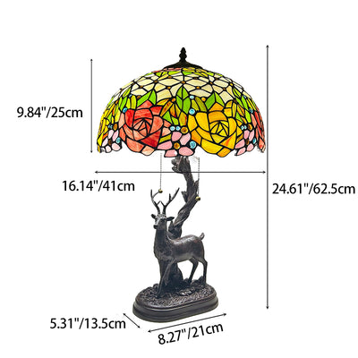 Traditionelle Tiffany-Glas-Eisenkuppel-Hirschfuß-Rosenblume 2-Licht-Tischlampe für Schlafzimmer 