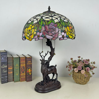 Traditionelle Tiffany-Glas-Eisenkuppel-Hirschfuß-Rosenblume 2-Licht-Tischlampe für Schlafzimmer 