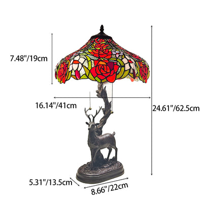 Traditionelle Tiffany-Glas-Eisenkuppel-Hirschfuß-Rosenblume 2-Licht-Tischlampe für Schlafzimmer 