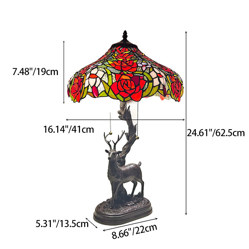 Traditionelle Tiffany-Glas-Eisenkuppel-Hirschfuß-Rosenblume 2-Licht-Tischlampe für Schlafzimmer 