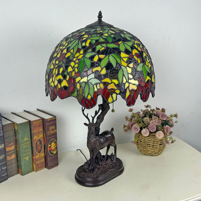 Traditionelle Tiffany-Glas-Eisenkuppel-Hirschfuß-Rosenblume 2-Licht-Tischlampe für Schlafzimmer 