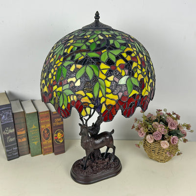 Traditionelle Tiffany-Glas-Eisenkuppel-Hirschfuß-Rosenblume 2-Licht-Tischlampe für Schlafzimmer 