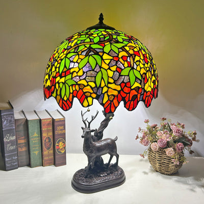 Traditionelle Tiffany-Glas-Eisenkuppel-Hirschfuß-Rosenblume 2-Licht-Tischlampe für Schlafzimmer 