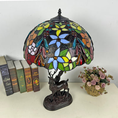 Traditionelle Tiffany-Glas-Eisenkuppel-Hirschfuß-Rosenblume 2-Licht-Tischlampe für Schlafzimmer 