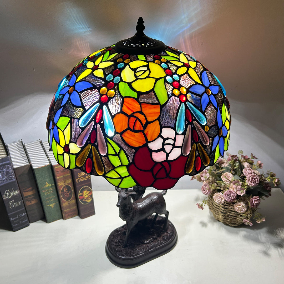 Traditional Tiffany Glass Iron Dome Deer Base Rose Flower 2-Light Table Lamp For Bedroom