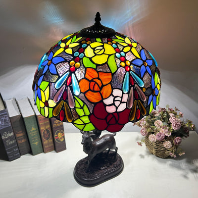 Traditionelle Tiffany-Glas-Eisenkuppel-Hirschfuß-Rosenblume 2-Licht-Tischlampe für Schlafzimmer 