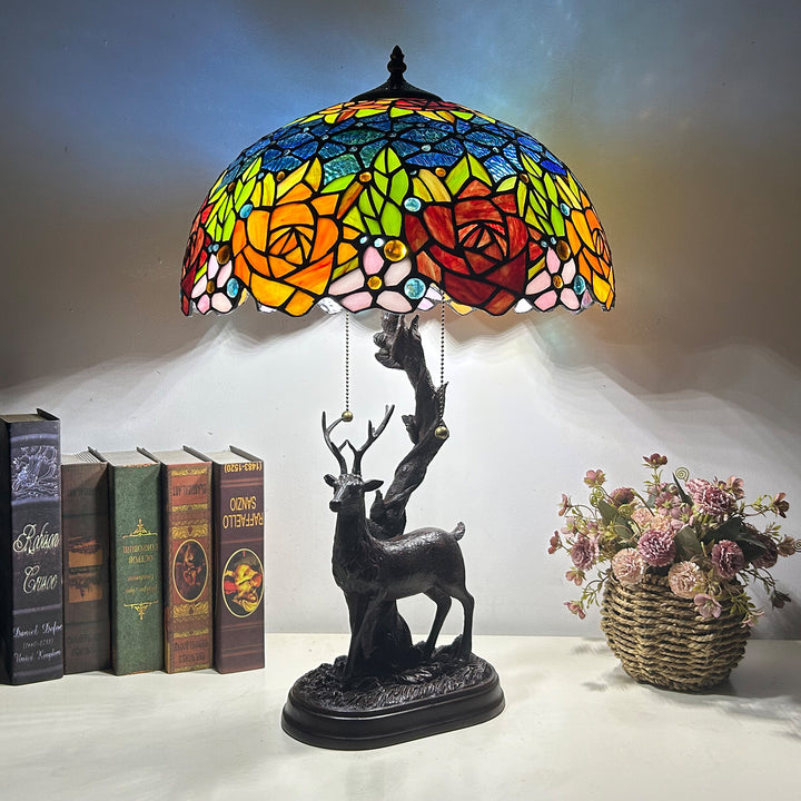 Traditional Tiffany Glass Iron Dome Deer Base Rose Flower 2-Light Table Lamp For Bedroom